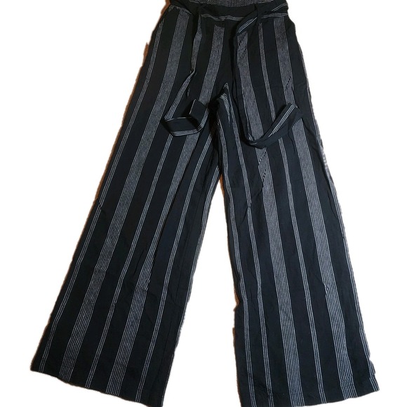 a new day Pants - A New Day Linen Blend Wide Leg Pants Black White Stripe Pull-On Women's XS